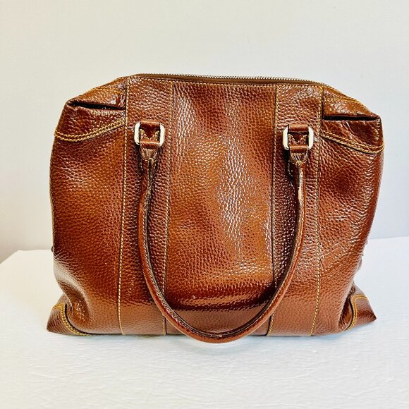 AUTHENTIC FENDI PEBBLED PATENT LEATHER BROWN LARGE SATCHEL  TOTE - Picture 1 of 14